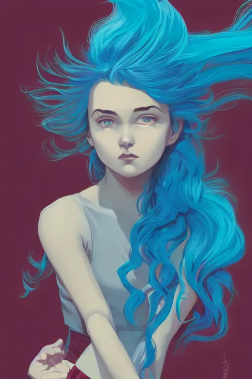 Image similar to portrait painting of a teenage girl with swept back wild blue hair, fashionable, windy, sharp focus, award - winning, cinematic pose, cinematic lighting, trending on artstation, masterpiece, highly detailed, intricate. art by josan gonzales and moebius and deathburger