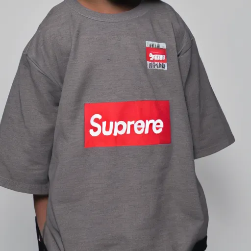 Image similar to short kid wearing a supreme shirt, detailed, studio