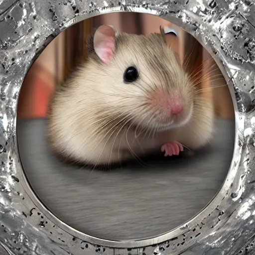 Prompt: Hamster with armor ultra 4k photorealistic high detail metallic