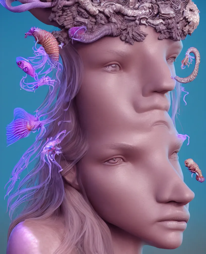 Image similar to goddess princess beautiful face close-up portrait ram skull zbrush sculpt. jellyfish phoenix head, nautilus, orchid, skull, betta fish, bioluminiscent creatures, intricate artwork by Tooth Wu and wlop and beeple. octane render, trending on artstation, greg rutkowski very coherent symmetrical artwork. cinematic, hyper realism, high detail, octane render, 8k