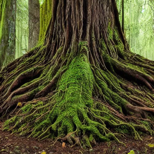 Prompt: a photo of mother nature emerging from a tree covered in roots and moss, nature, trees, human tree