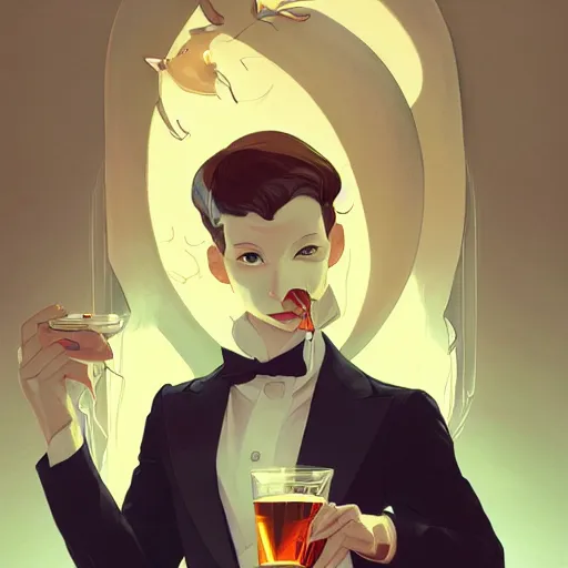 Image similar to a weasel in a suit was drinking tea, surrounded by tea houses ambient lighting, 4 k, lois van baarle, ilya kuvshinov, rossdraws, alphonse mucha, jung gi kim, artstation