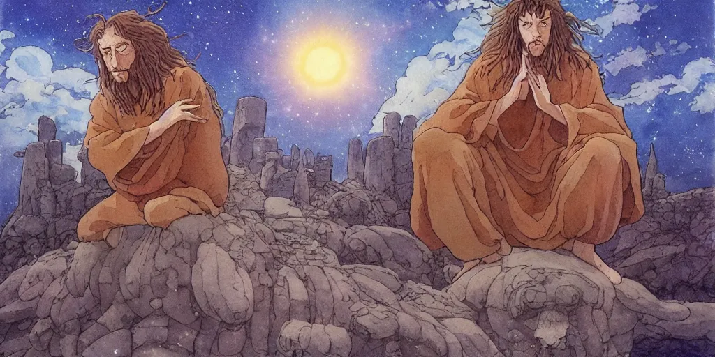 Image similar to a hyperrealist studio ghibli watercolor fantasy concept art of a giant long haired medieval monk in lotus position in stonehenge with a starry sky in the background. a giant alien starship from independence day ( 1 9 9 6 ) is floating in the air. by rebecca guay, michael kaluta, charles vess