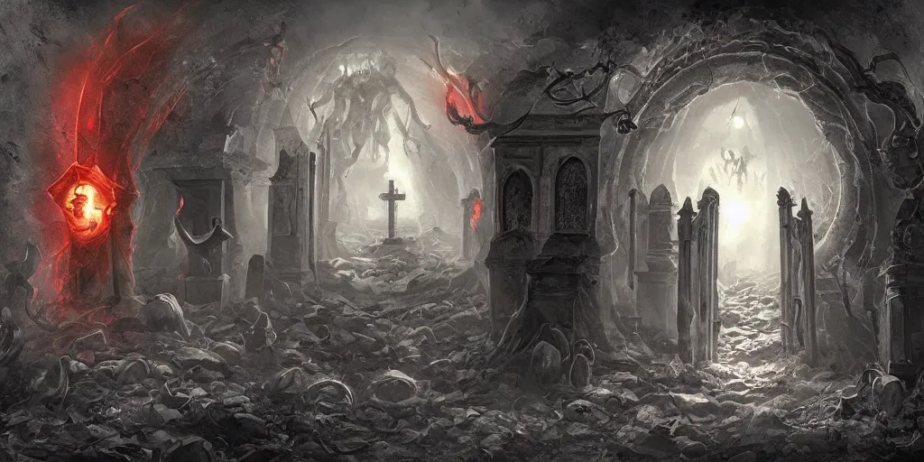 Image similar to portal to a hell dimension full of pain and misery, in a cemetery, in the style of Raymond Swanland