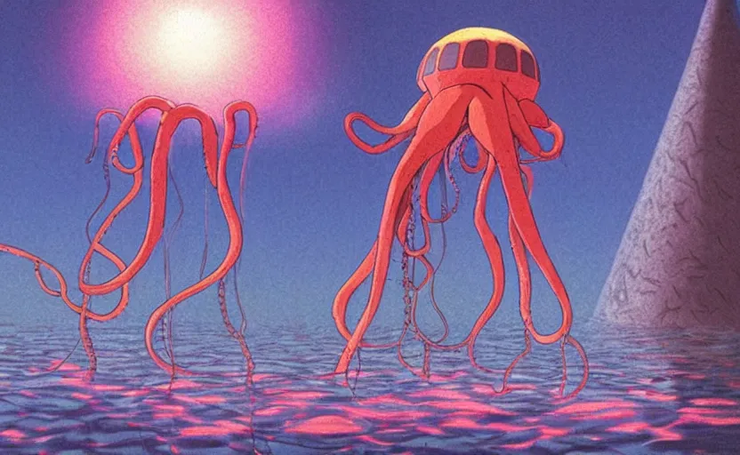 Prompt: a realistic cell - shaded studio ghibli concept art from paprika ( 2 0 0 6 ) of a flying multi - colored octopus from close encounters of the third kind ( 1 9 7 7 ) and dimensional portal to another world above a flooded white pyramid on a misty starry night. very dull colors, wide shot, hd, 4 k, hq