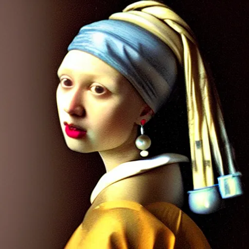 Prompt: behind the scenes of girl with a pearl ear ring by vermeer cinematic lighting, detailed face, headshot and body shot, taken in the 1600s, very very very very detailed face, beautiful nostalgic quality, lighting and canvas visible in the background