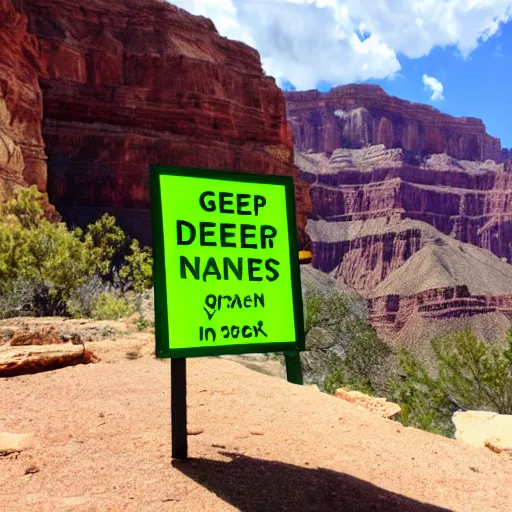 Prompt: A green sign that says Very Deep Learning and is at the edge of the Grand Canyon. Puffy white clouds are in the sky.