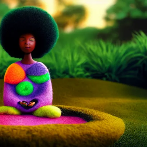 Prompt: a black girl with a colorful afro and big colorful eyes meditating in an african zen garden at sunset, bright colours, bokeh!!, watercolor, volumetric wool felting, macro photography, children illustration, by goro fujita