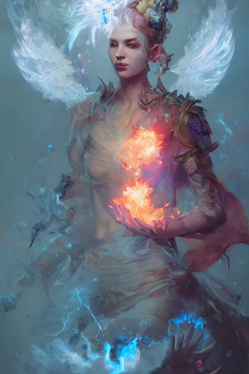 Image similar to beautiful girl necromancer, mage, witch - doctor exploding into flowers, angels, demons, 3 d render, hyper - realistic detailed portrait, holding fire and electricity, ruan jia, wlop. scifi, fantasy, magic the gathering, hyper detailed, octane render, concept art, peter mohrbacher