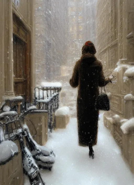 Image similar to back of emma stone in beige coat, walking into new york apartment building in winter, opening door, building entrance, snow, zoomed out, artwork by gaston bussiere, craig mullins, trending on artstation