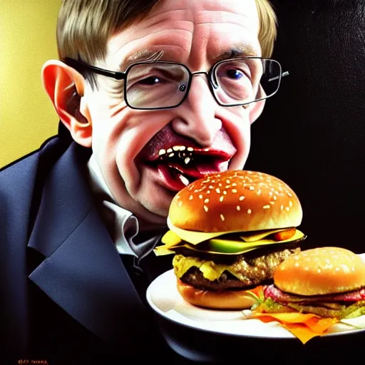 Prompt: oil painting of stephen hawking eating big mac hamburgers, intricate, elegant, highly detailed, lighting, painting, artstation, smooth, illustration, art by greg rutowski and alphonse mucha