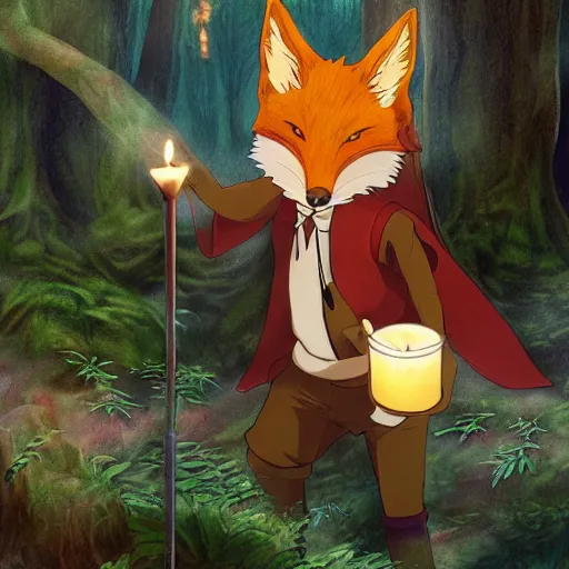 Prompt: a fantasy fox humanoid anime character carrying a candle in his hands, the forest, by studio ghibli and japanese style