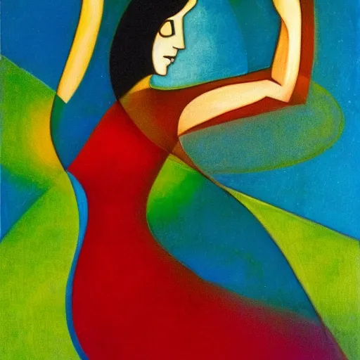 Prompt: woman dances like isadora duncan in the forest by the moonlight, abstract art in the style of cubism and georgia o’keefe ,