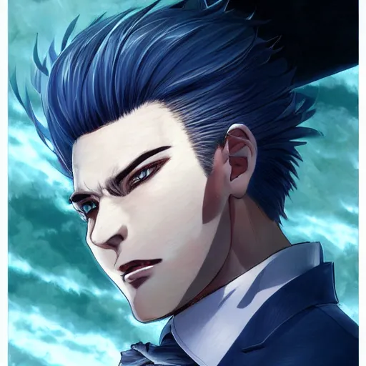 Image similar to semi realistic anime illustration of short slick backed white haired man, wearing dark blue suit, clutching katana, with beautiful hyperdetailed sky blue eyes, facing camera directly, full body shot, full face portrait made by Stanley Artgerm, WLOP, Rossdraws, James Jean Andrei Riabovitchev, Marc Simonetti, Yoshitaka Amano, Artstation