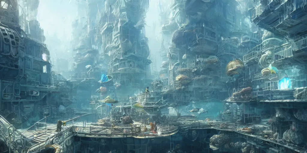 Image similar to ultra realistic underwater city, buildings, people, highly detailed, artgerm style, clear, ocatne render, artstation trend, epic art style, greg rutkowski, cinematic, concept art, 8 k hd