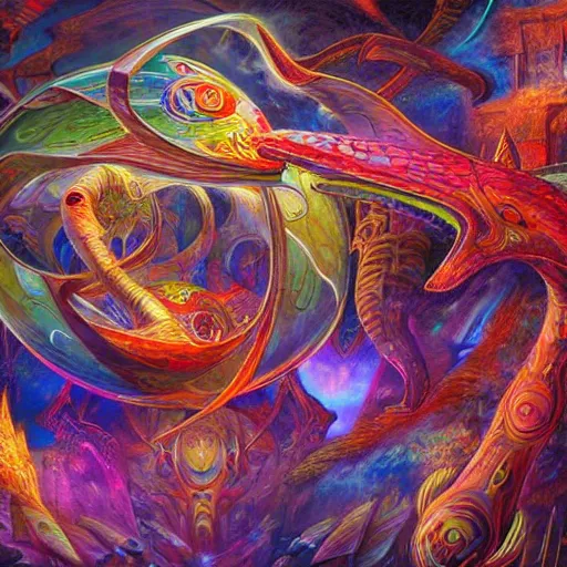 Image similar to dmt trip puzzle serpent mathematical object metaverse by raymond swanland, highly detailed, bright tones