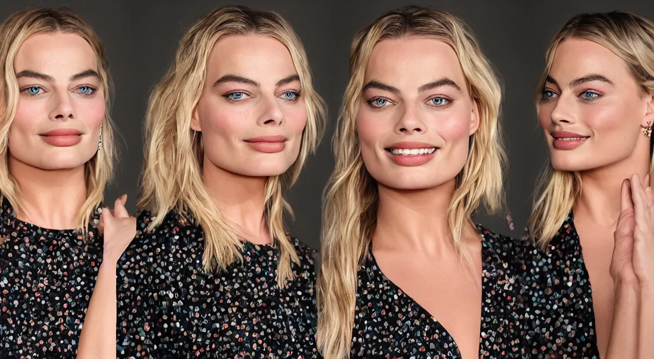 Prompt: 3 consecutive portraits of margot robbie