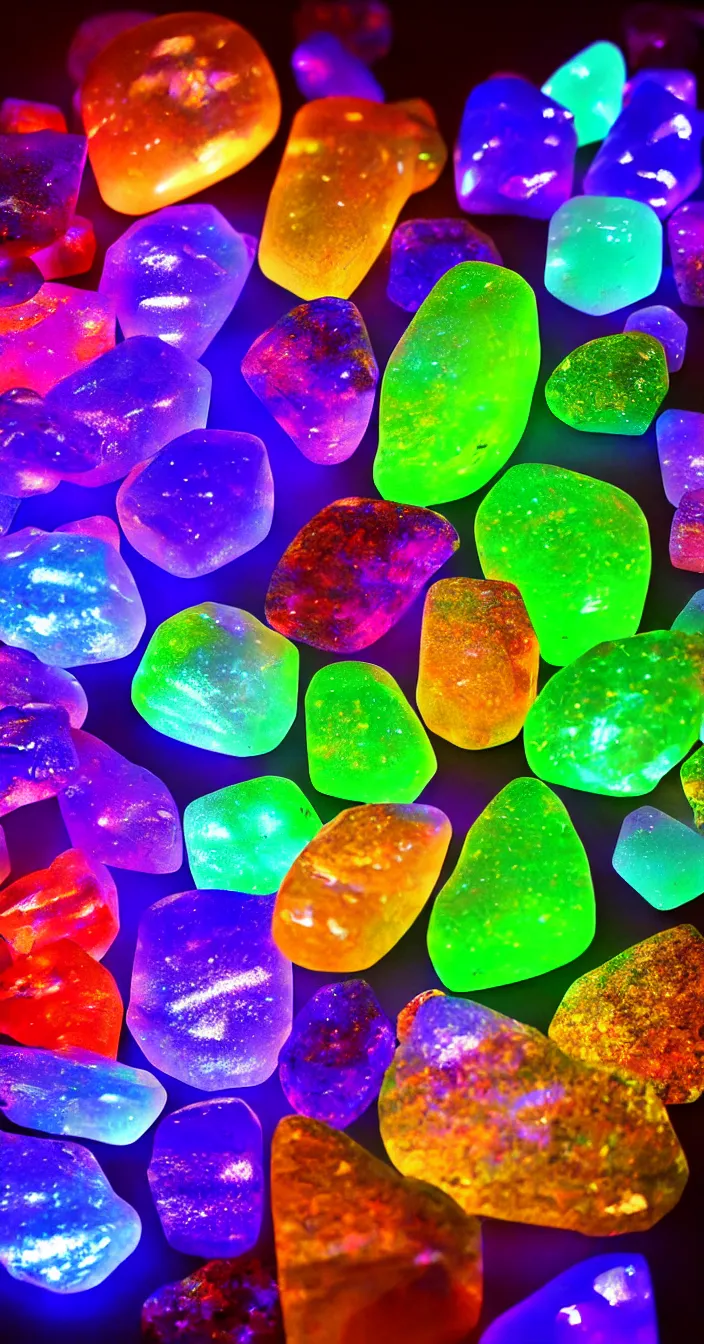 Prompt: realistic photo of colorful transparent stones, light glowing from behind, very sharp focus, in the style of greg rutswoski, very hyper realistic, highly detailed, fantasy art station