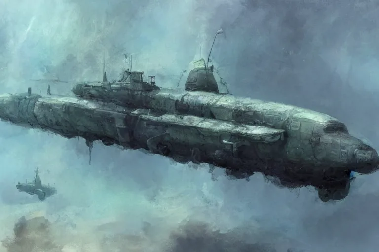 Prompt: mixed media artwork of a submarine underwater by Craig Mullins, intricately deteailed, trending on artstation