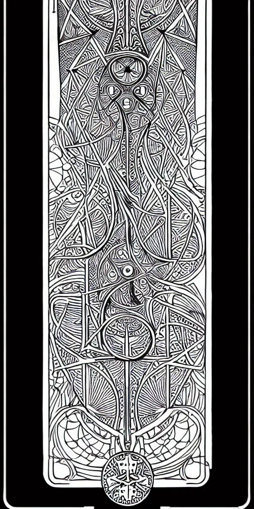 Prompt: a beautiful black and white fractal tarot card featuring bold occult imagery with clean lines. circuit board. detailed adult coloring book