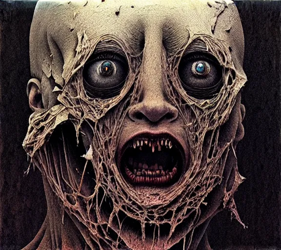 Prompt: face shredded like paper as skin peeling scream, dark, surreal, highly detailed horror dystopian, by zdzisław beksinski, creepy, atmospheric, unsettling