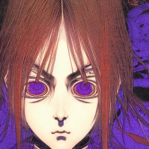 Image similar to prompt : portrait of muse soft light painted by takato yamamoto, purple rinnegan eyes, inspired by ninja anime, smooth face feature, intricate oil painting, high detail, sharp high detail, manga and anime