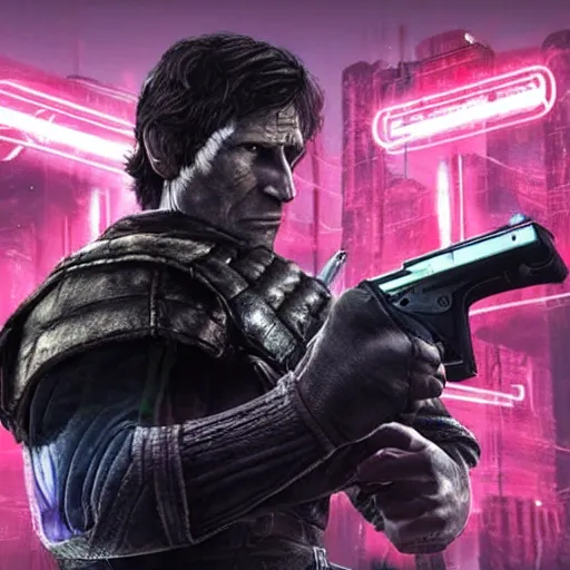 Prompt: todd howard pointing a gun towards the camera and forcing you to buy skyrim, threatening, sharp, cinematic, colorful, digital, neon, bright, cyberpunk