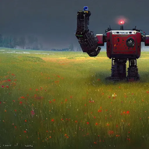 Prompt: A GIant Robot in a Swedish Meadow, by Jakub Różalski and Simon Stålenhag