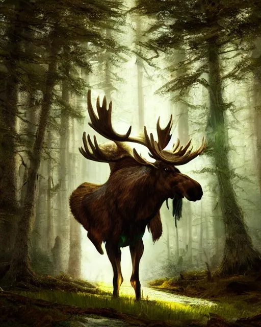 Prompt: oil painting of Anthropomorphized Moose casting spell, wearing green cloak, wearing war paint, sharp focus, fantasy style, octane render, volumetric lighting, 8k high definition, by greg rutkowski, highly detailed, trending on art Station, magic the gathering artwork, magical forest backround, centered
