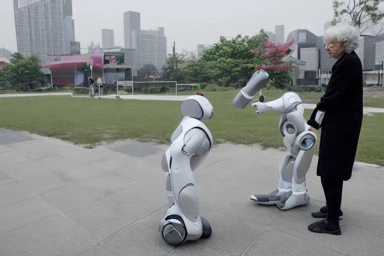 Prompt: old woman helping a sleek clean humanoid assistant robot in a glamorous Seoul park by Roger Deakins