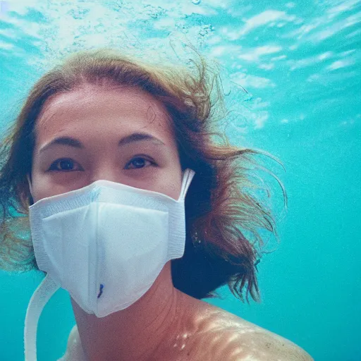 Image similar to photo of woman wearing a face mask underwater cinestill, 800t, 35mm, full-HD