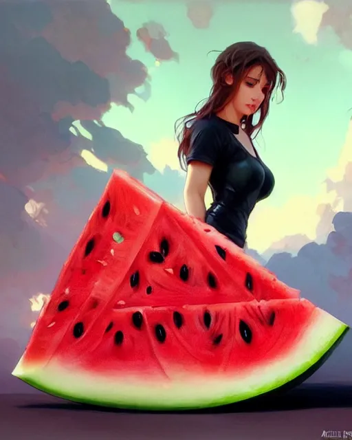 Image similar to an giant watermelon, cute pose, highly detailed, digital painting, artstation, concept art, smooth, sharp focus, illustration, art by artgerm and greg rutkowski and alphonse mucha