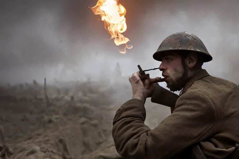 Image similar to jay baruchel smoking cigar, as world war 1 soldier in the trenches, bullets whizzing past, cinematic lighting, high contrast, 4 k hdr imax cinematography by roger deakins, award winning shot, beautiful composition, principal photography, vfx action shot