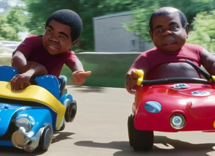 Image similar to peter dinklage racing gary coleman driving a little tikes cars, movie still, from the new fast and furious movie, 8 k, realistic