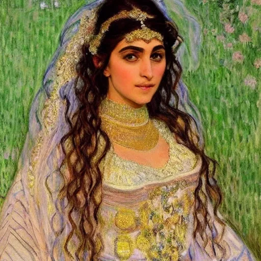 Prompt: full body portrait of a beautiful Kurdish bride wearing a beautiful wedding dress, very detailed eyes, hyperrealistic, beautiful and symmetrical face, very detailed painting by Claude Monet and Alphonse Mucha, ornate, trending on artstation, extremely high detail, incredibly intricate, claude monet