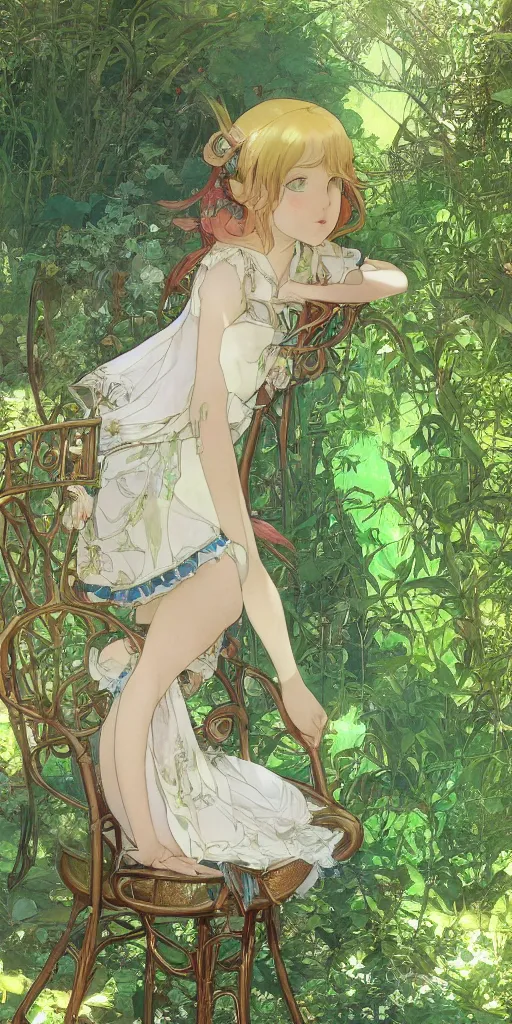 Image similar to a digital art of a loli with long hair in a dress sitting on a metal garden chair in the privet garden at afternoon, green and warm theme, back lighting, by mucha and akihito yoshida and greg rutkowski and makoto shinkai, extremely long shot, detailed eyes, 4 k resolution, trending on art station