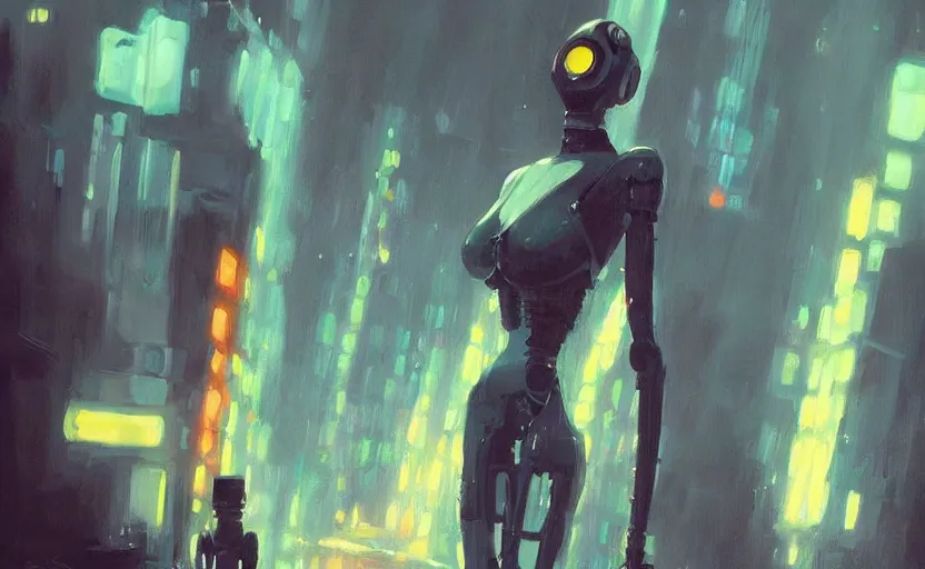 Image similar to a painting of a sensual robot from metropolis trending on artstation in the style of greg rutkowski, blade runner, cyberpunk