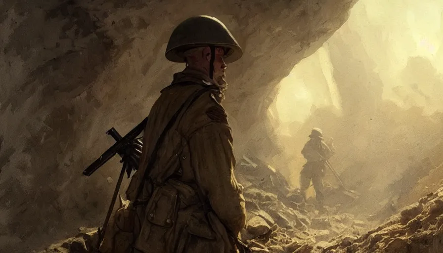 Prompt: beautiful painting of a soldier in a trench waiting for the war to end. cinematic lighting by greg rutkowski,