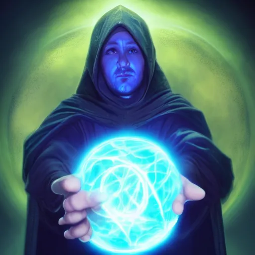 Image similar to a warlock is casting a magic spell, while magic orb is floating in his hand, the magic orb emit a blueish vapour, dynamic pose, chromatic aberration , medium level shot, Mucha style , Grim fantasy, illustration ,concept art,