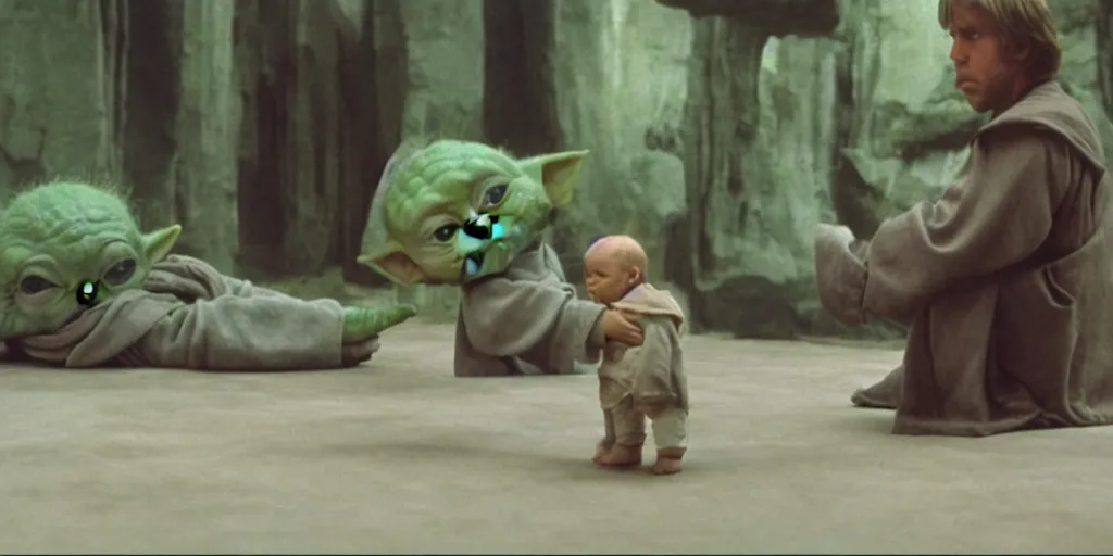 Image similar to screenshot of Luke Skywalker teaching baby yoda Grogu in a Jedi Temple, 1970s thriller by Stanely Kubrick film, color kodak, ektochrome, anamorphic lenses, detailed faces, moody cinematography