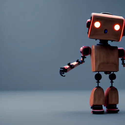 Image similar to a cute little robot, material wood. super realistic 8 k render of a dark hooded powerful elegant, cinematic composition