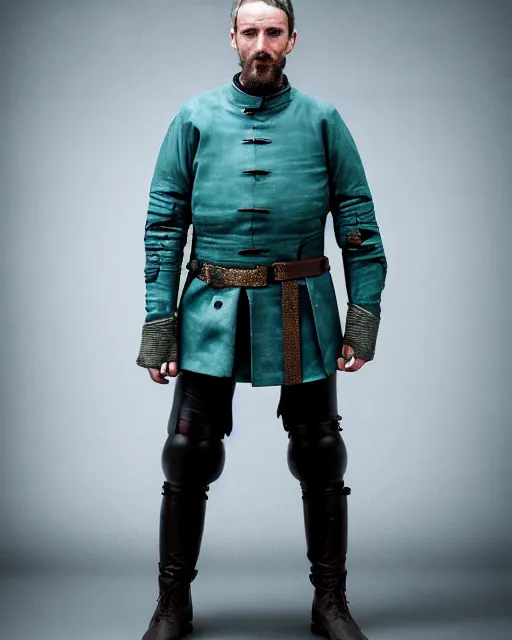 Prompt: an award - winning photo of an ancient male model wearing a plain baggy teal distressed medieval designer menswear dutch police jacket slightly inspired by medieval armour designed by alexander mcqueen, 4 k, studio lighting, wide angle lens