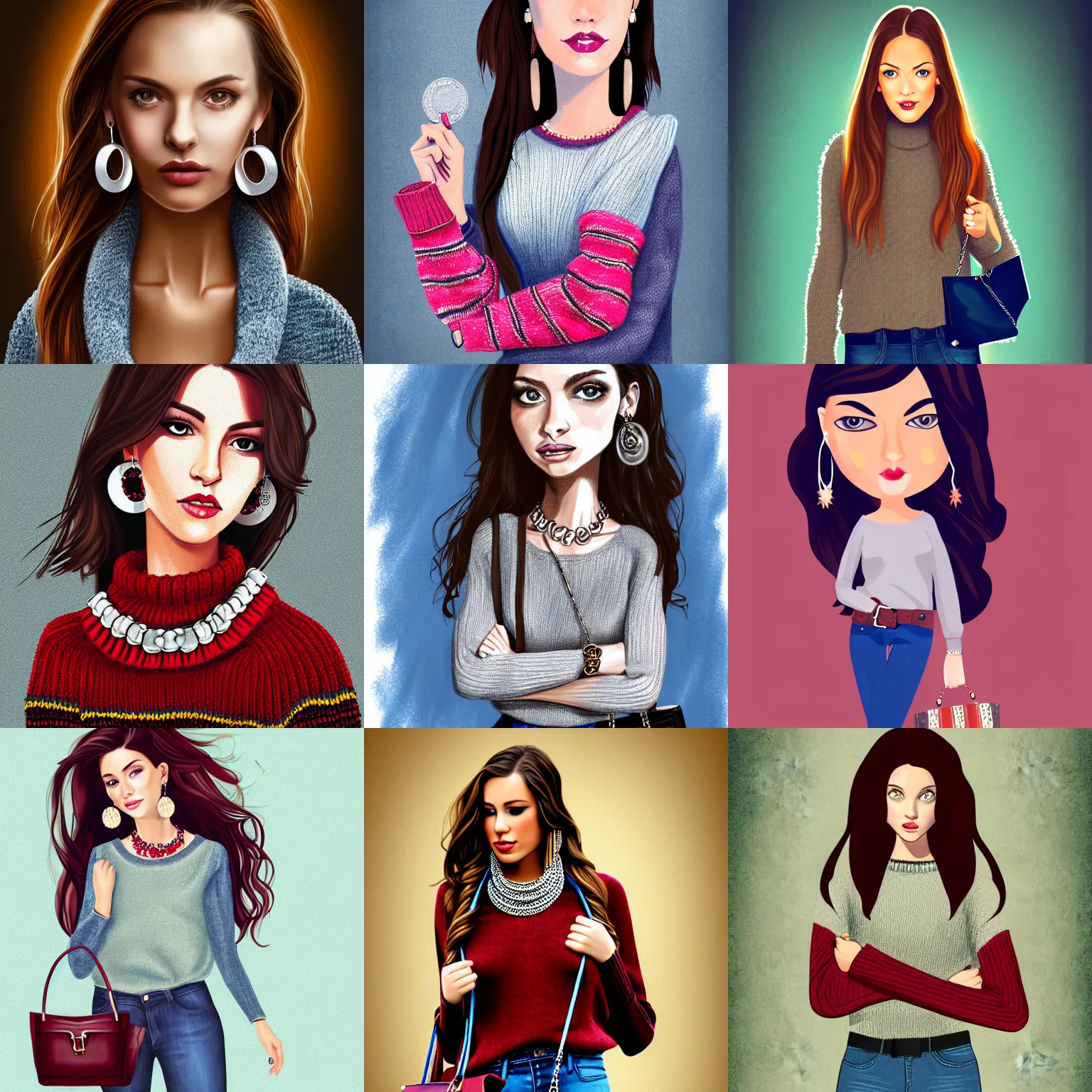 Prompt: portrait of pretty girl with wearing a sweater, jeans, boots, a purse, a silver necklace and earrings, digital art, high quality, concept art, detailed