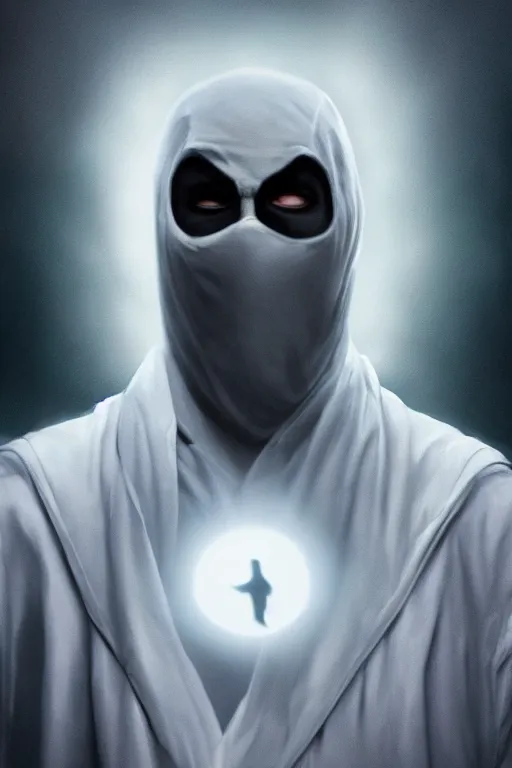 Prompt: characters portrait of Moon Knight mixed with Ghostface by Alyssa Monks, full-shot, merged character, Full body shot, cinematic opening shot, 4k, highly detailed, cinematic lighting