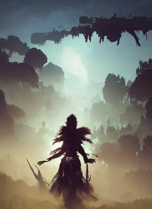 Image similar to !dream Environmental Art, Horizon Zero Dawn, archer, atmospheric environment, Character Design, demonic presence, Holy Heavenly Host Divine Angelic Army. Beeple, grimshaw, thomas cole, ismail inceoglu, winslow homer, greg rutkowski, gerald brom, marc simonetti, simon stalenhag, anton fadeev, donglu yu