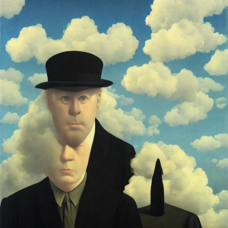 Image similar to portrait of a scary creepy ghost, clouds in the background, by rene magritte, detailed painting, distance, middle centered, hd, hq, high resolution, high detail, 4 k, 8 k