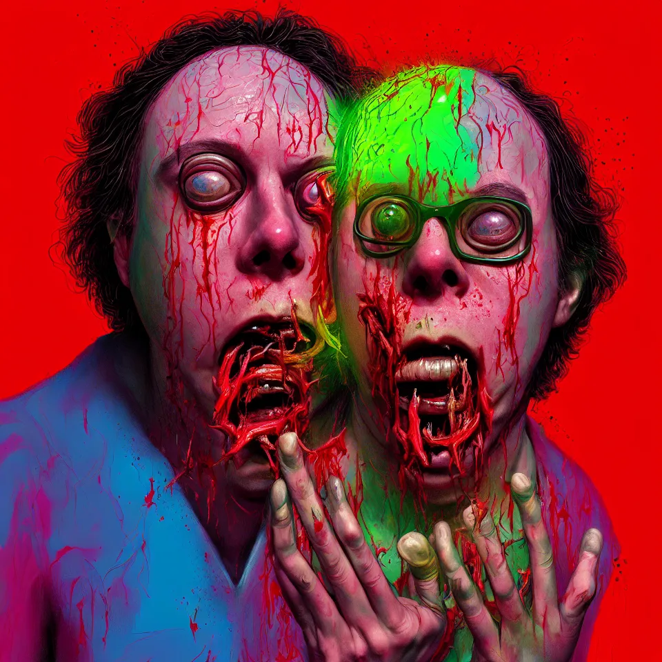 Prompt: bright psychedelic todd solondz eating rotten flesh, crying tears of blood and puking, diffuse lighting, fantasy, intricate, elegant, highly detailed, lifelike, photorealistic, digital painting, artstation, illustration, concept art, smooth, sharp focus, art by francis bacon