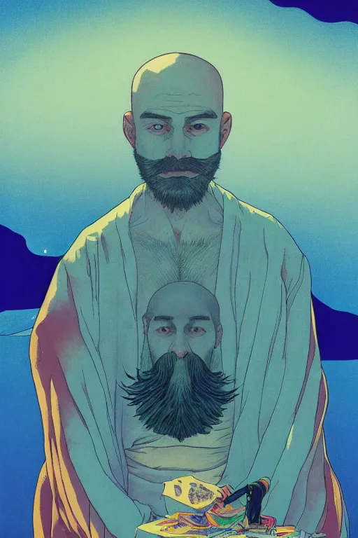 Prompt: a colorful closeup portrait of a handsome young bald man with a very long wild beard sucking a blotter paper of lsd acid and dreaming psychedelic hallucinations in the vast icy landscape of antarctica, by kawase hasui, moebius and edward hopper, colorful flat surreal design, hd, 8 k, artstation