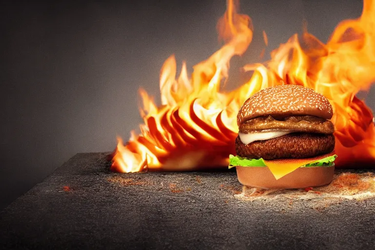 Image similar to mcdonalds hamburger burning to a crisp, commercial photography