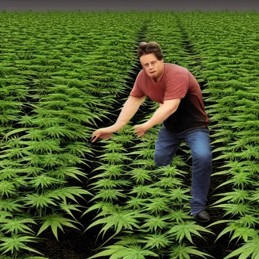 Image similar to the devil spreads his hands against the background of growing cannabis. realistic rendering